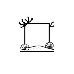 Fototapeta premium Minimalist black and white design featuring a square border, seashells, coral, and a beachy theme.