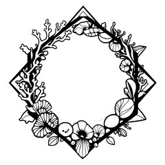 Black and white frame filled with seashells and coral, a decorative and geometric design, set against a white background.