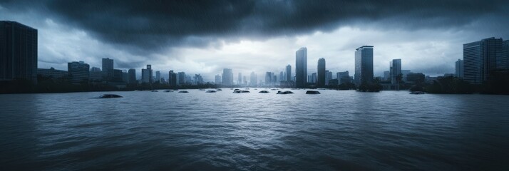 Massive flooding in urban cityscape under dark stormy skies