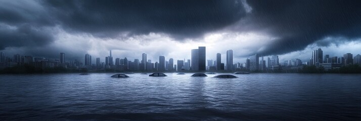Massive floodwaters engulf cityscape under stormy skies