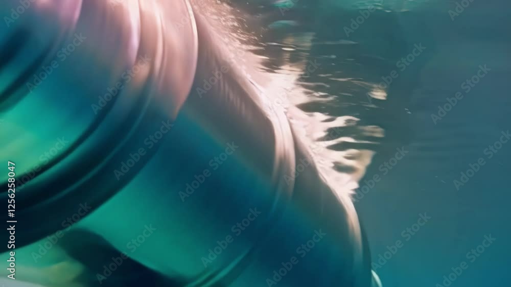 Poster metallic cylindrical device with several sections and a nozzle rotates underwater, creating swirling