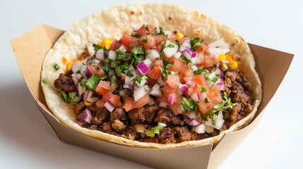 Street-Style Ground Beef Taco with Colorful Salsa and Fresh Cilantro in a Cardboard Tray