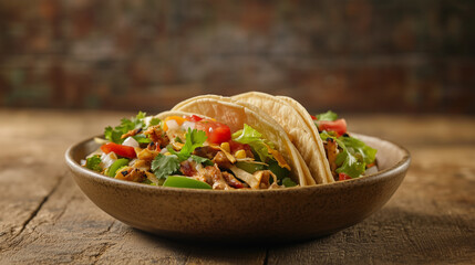 Fresh Chicken Tacos with Colorful Vegetables on a Rustic Wooden Background
