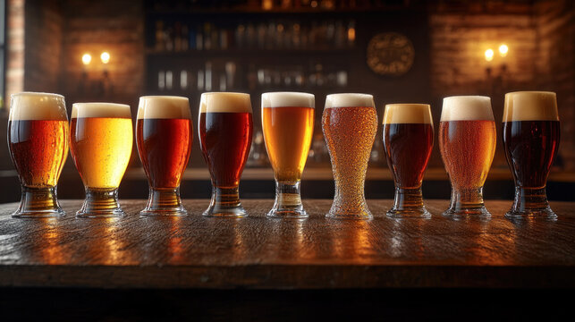 Nine distinct types of craft beer arranged neatly on a rustic wooden bar, highlighting various colors and styles in a warm, inviting room