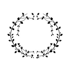 Black and White Botanical Wreath with Foliage & Leaves on a White Background.