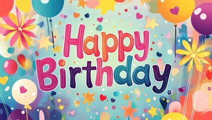 Bright and vibrant background capturing a joyous birthday theme, featuring colorful balloons, stars, and flowers surrounding a happy birthday message in playful lettering.