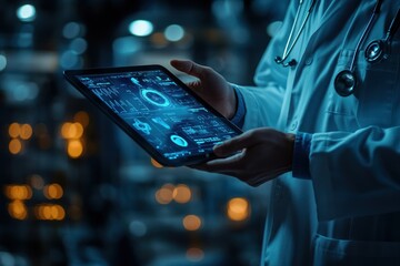 Doctor shows patient health data on a tablet in a well-lit medical facility, enhancing communication about treatment options and diagnosis