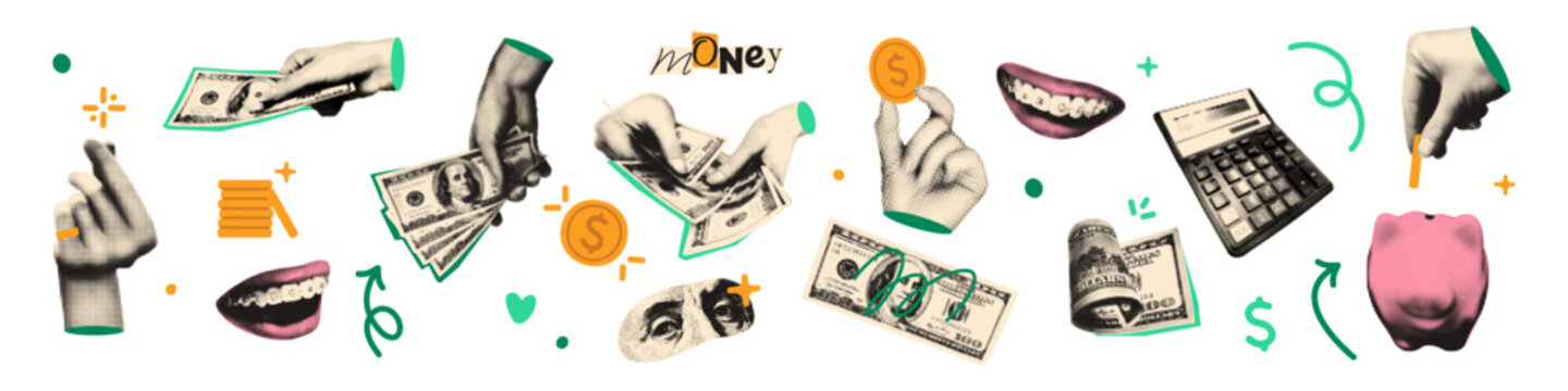 Money concept halftone art collage cut outs set. Paper clippings, hands holding 100 dollar bills, cash, golden coins, piggy bank, calculator. Modern retro mixed media vector illustration