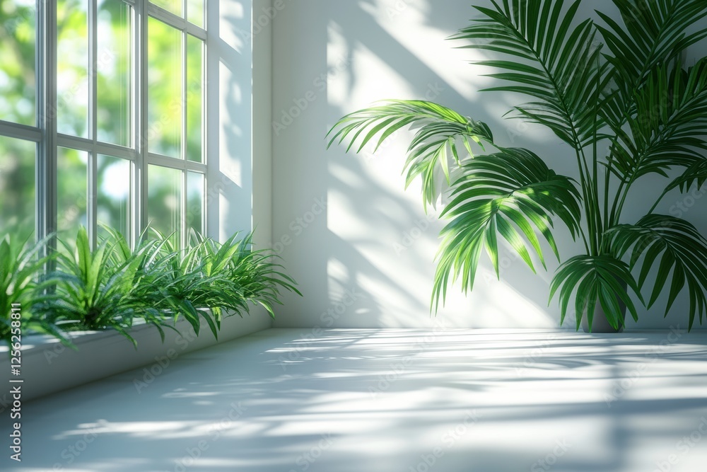 Poster a tranquil indoor scene featuring lush green plants by a sunlit window, creating an atmosphere of pe