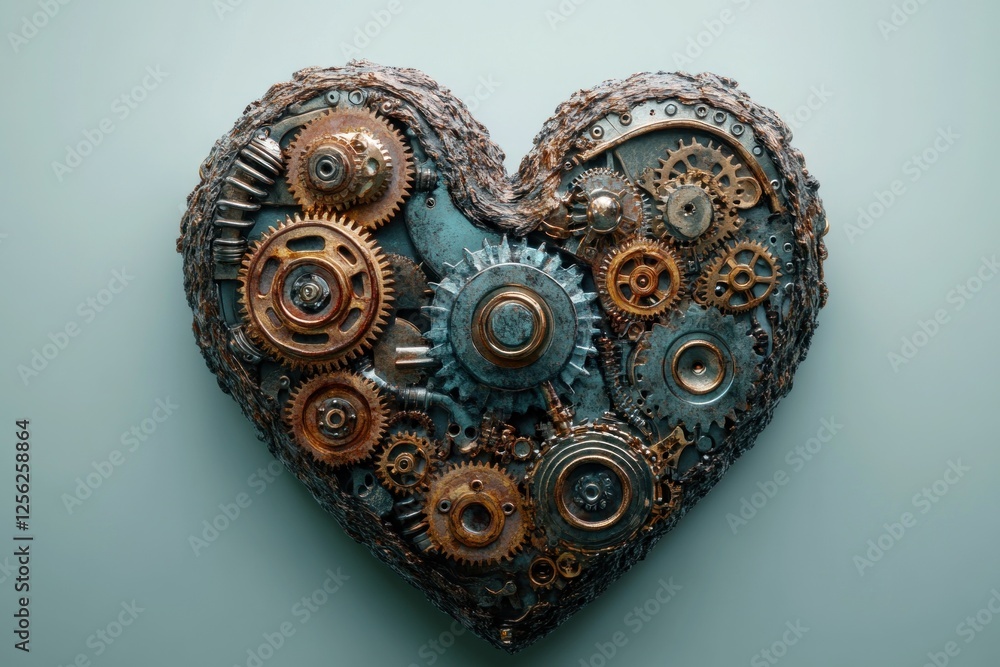 Poster intricate mechanical heart crafted with various gears and cogs, showcasing a steampunk design that b
