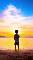 Fototapeta premium Quiet Strength Embracing Introversion Child gazes at sunset by the ocean shore.