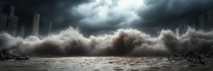 Gigantic tsunami wave crashing into harbor during storm