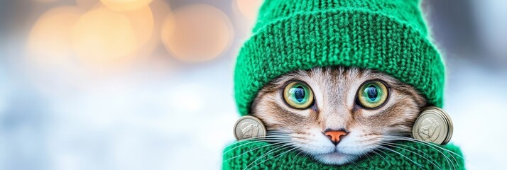 Fototapeta premium Cozy Cat in Green Winter Hat - Adorable tabby cat wearing a green knitted hat and scarf, looking directly at the camera. Perfect for winter themes