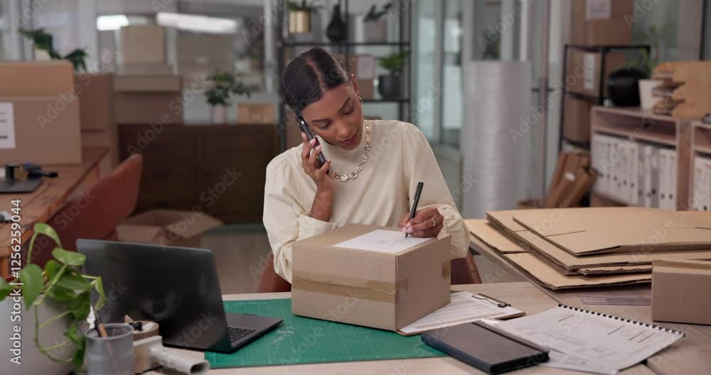 Poster ecommerce, woman and writing on box with phone call for package information and stock distribution. 