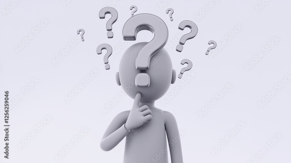 Poster A 3D animated character with a question mark as a head, symbolizing confusion or curiosity, showcasing a thought process or pondering state, representing questions and inquiries.