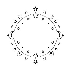 Crescent Moons and Stars Celestial Circle: An Intricate Black and White Minimalist Decorative Illustration.