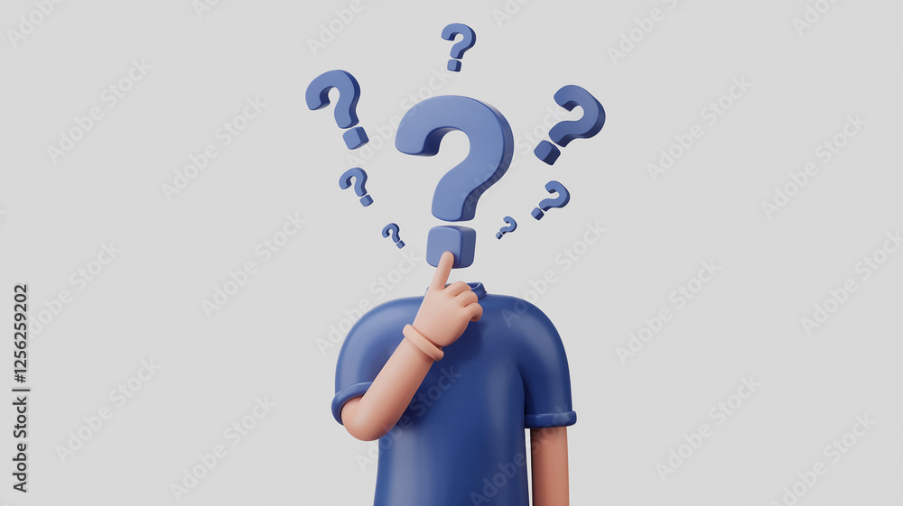 Poster A 3D animated character with a question mark head and a hand on its chin, symbolizing confusion or curiosity, representing deep thought and questioning.