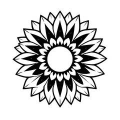 Stylized, black-and-white illustration of a symmetrical mandala, representing a stylized flower in a minimalistic and modern style.