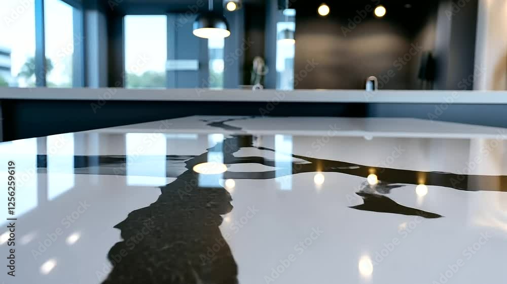 Poster quartz countertop slabs with intricate veining and a mirror-like polish, captured up-close with subt