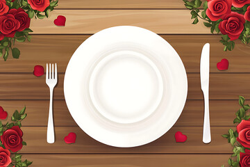 Elegant dining setup with a white plate, fork, and knife surrounded by red roses and heart petals