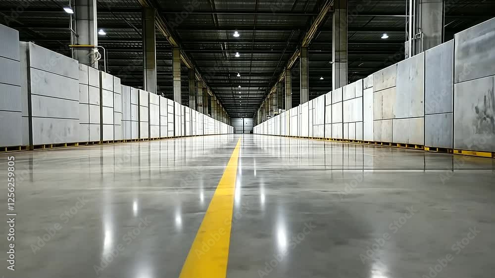 Poster rows of pre-fabricated wall panels, stacked in perfect symmetry within a large industrial warehouse,