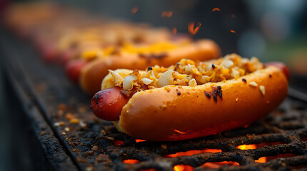 A sizzling hot dog topped with mustard and grilled onions from a street vendor, captured in a dynamic angle, emphasizing the smoky flavors and vibrant street food scene.