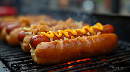 A sizzling hot dog topped with mustard and grilled onions from a street vendor, captured in a dynamic angle, emphasizing the smoky flavors and vibrant street food scene.