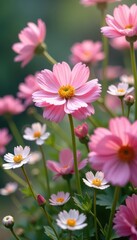 Obraz premium Soft pink ranunculus flowers dance amidst the airy tendrils of gypsophila, pink, , airy