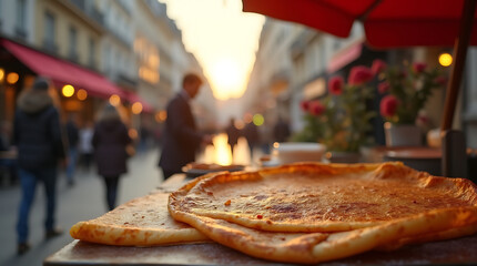 A street vendor preparing crepes with a view of the street, capturing a romantic atmosphere of food and culture blending together.