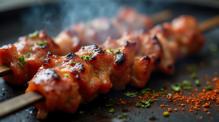 A close-up view of skewers grilling with visible smoke and sprinkled spices, showcasing the mouth-watering essence of street food with sizzling meat and smoky flavors.