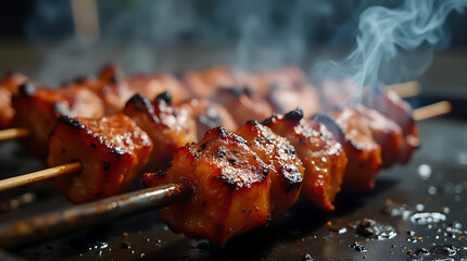 A close-up view of skewers grilling with visible smoke and sprinkled spices, showcasing the mouth-watering essence of street food with sizzling meat and smoky flavors.