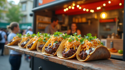 Taco with colorful fillings like lettuce, tomatoes, and cheese, showcasing the vibrant and lively concept of street food.