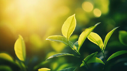Obraz premium Close up of fresh green tea leaves in soft focus with bright bokeh background showcasing nature's beauty, ideal for space copy