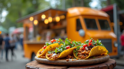 Taco with colorful fillings like lettuce, tomatoes, and cheese, showcasing the vibrant and lively concept of street food.