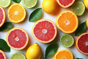 Fototapeta premium A vibrant assortment of citrus fruits including grapefruit, oranges, lemons, and limes, beautifully arranged with fresh green leaves on a white background.