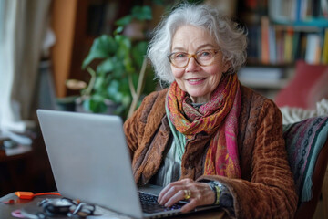 Fototapeta premium Smiling elderly woman with glasses participates in an online language class while using her laptop in a cozy indoor setting