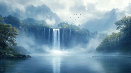 Fototapeta premium Misty Mountain Waterfall on Calm Lake