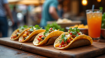 Taco with colorful fillings like lettuce, tomatoes, and cheese, showcasing the vibrant and lively concept of street food.