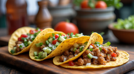 Taco with colorful fillings like lettuce, tomatoes, and cheese, showcasing the vibrant and lively concept of street food.