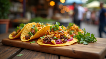Taco with colorful fillings like lettuce, tomatoes, and cheese, showcasing the vibrant and lively concept of street food.