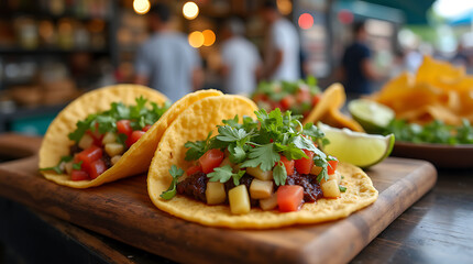 Taco with colorful fillings like lettuce, tomatoes, and cheese, showcasing the vibrant and lively concept of street food.