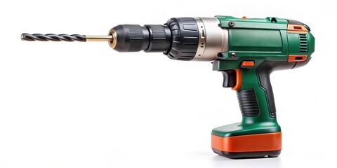 Cordless Drill with Drill Bit on White Background