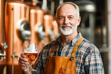 Brewer in plaid shirt and apron proudly holds a glass of craft beer in a modern brewery, surrounded by copper brewing equipment
