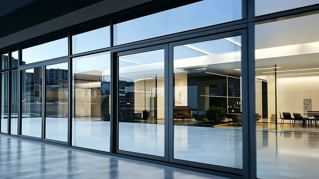 Stylish aluminum window frames in a variety of finishes and styles, neatly arranged in a modern showroom with a polished concrete floor and glass walls.