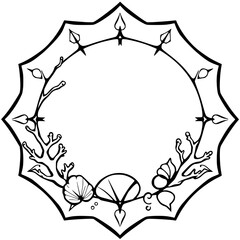 Octagonal Frame with Coral Reef and Shells, Black and White.