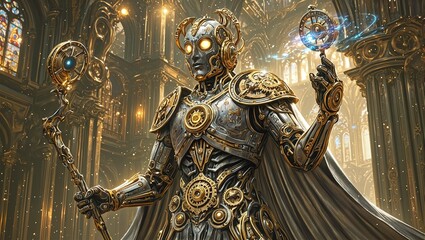 Fototapeta premium A majestic Mechanical Prophet in a Clockwork Cathedral Gleaming bronze and steel adorned with celestial symbols under a cathedral of gears and light