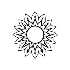 Black and white sunflower illustration with leaf-like petals forming a circular outline.