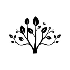 A stylized black and white minimalist representation of a tree with leaves.