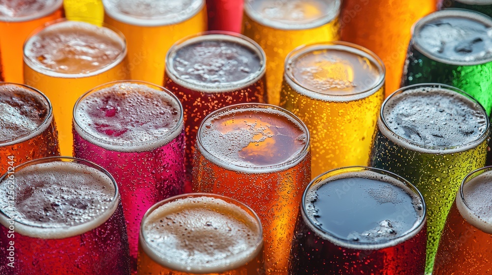 Poster a colorful array of fizzy drinks in various glasses.