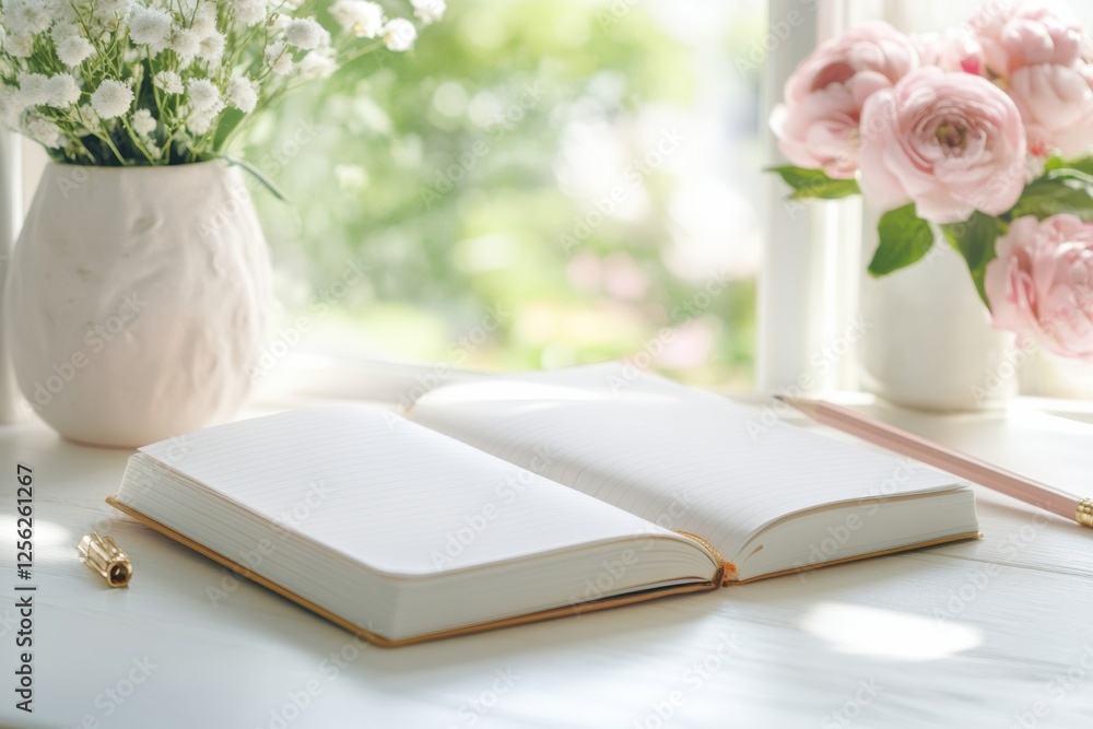 Poster open notebook and pencil on a bright wooden desk with flowers in a spacious area for text. generativ
